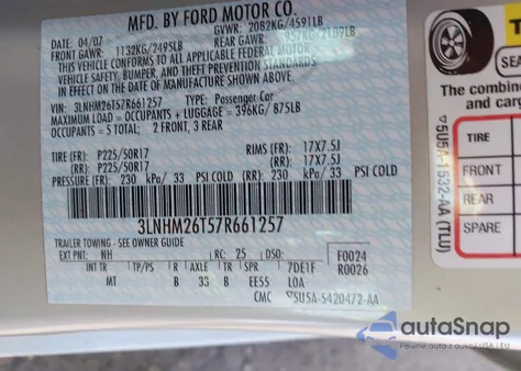 2007 Lincoln Mkz from USA, damaged, VIN 3LNHM26T57R661257